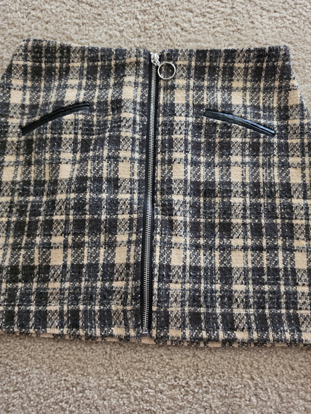 Checked Tweed Zip-Front Skirt in Beige and Black